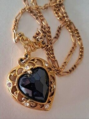 Black 1928 Faceted Heart Gold Tone 18" Necklace Filigree Faux Diamonds Goth Punk